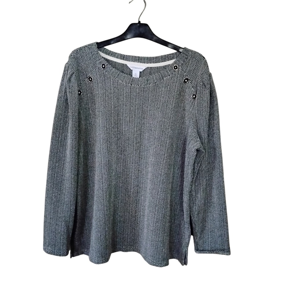 Liz Claiborne Womens XL Herringbone Button Shoulder Boat Neck Top Black White